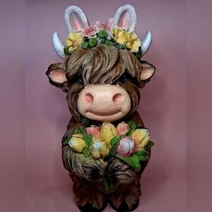 Spring / Easter 10" HIGHLAND COW with Bunny Ears & Tulip Bouquet Resin Figurine